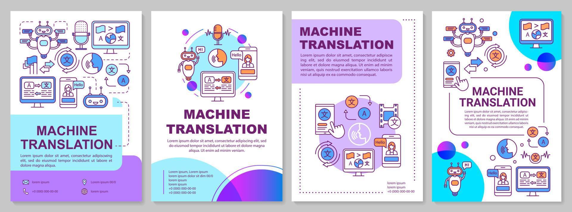 Machine translation brochure template layout. Automated translation. Flyer, leaflet print design with linear illustrations. Vector page layouts for magazines, annual reports, advertising posters