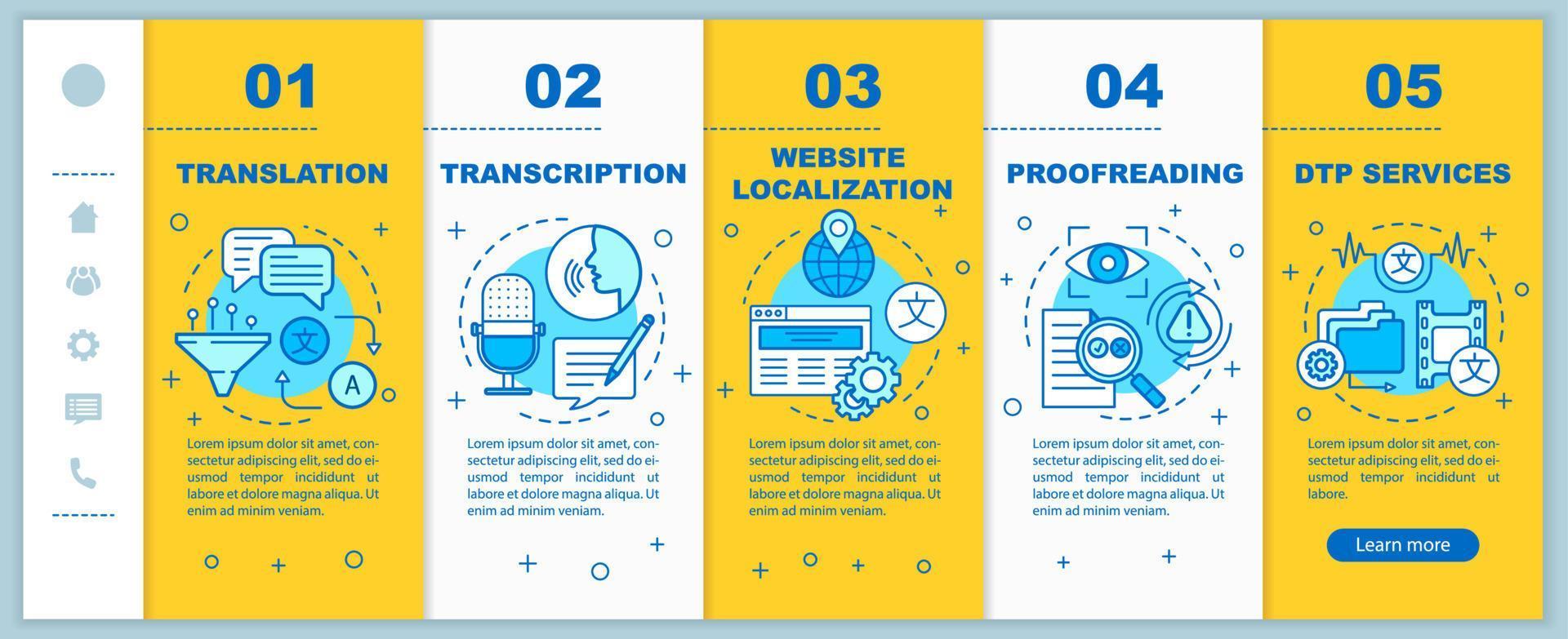 Text services onboarding mobile web pages vector template. Translation. Responsive smartphone website interface idea with linear illustrations. Webpage walkthrough step screens. Color concept