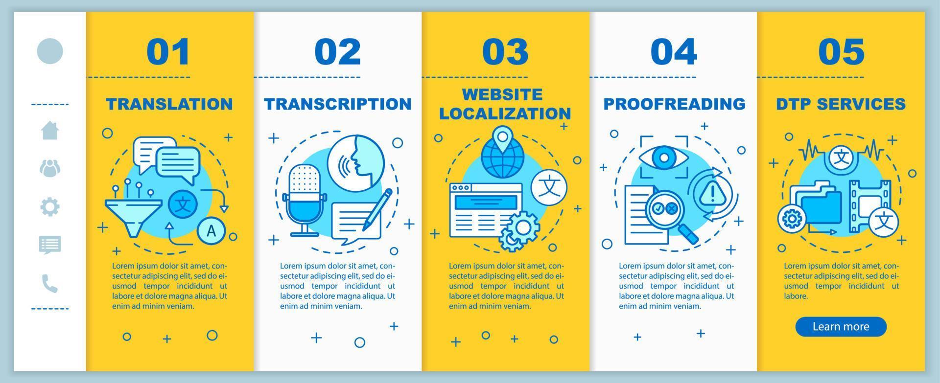 Text services onboarding mobile web pages vector template. Translation. Responsive smartphone website interface idea with linear illustrations. Webpage walkthrough step screens. Color concept