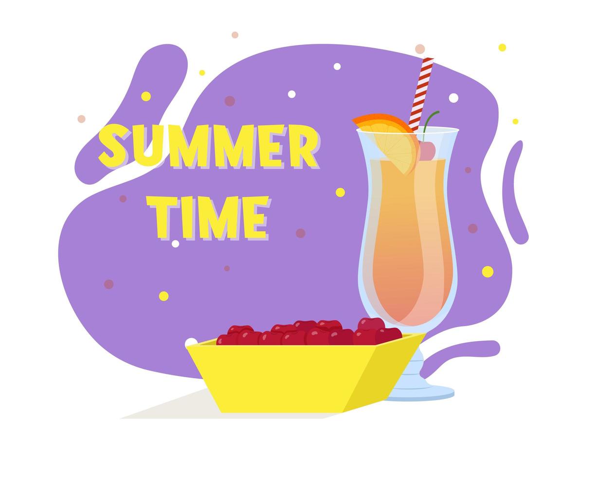 Tequila Sunrise cocktail. Summer drink. Plate with cherries. Flat vector illustration