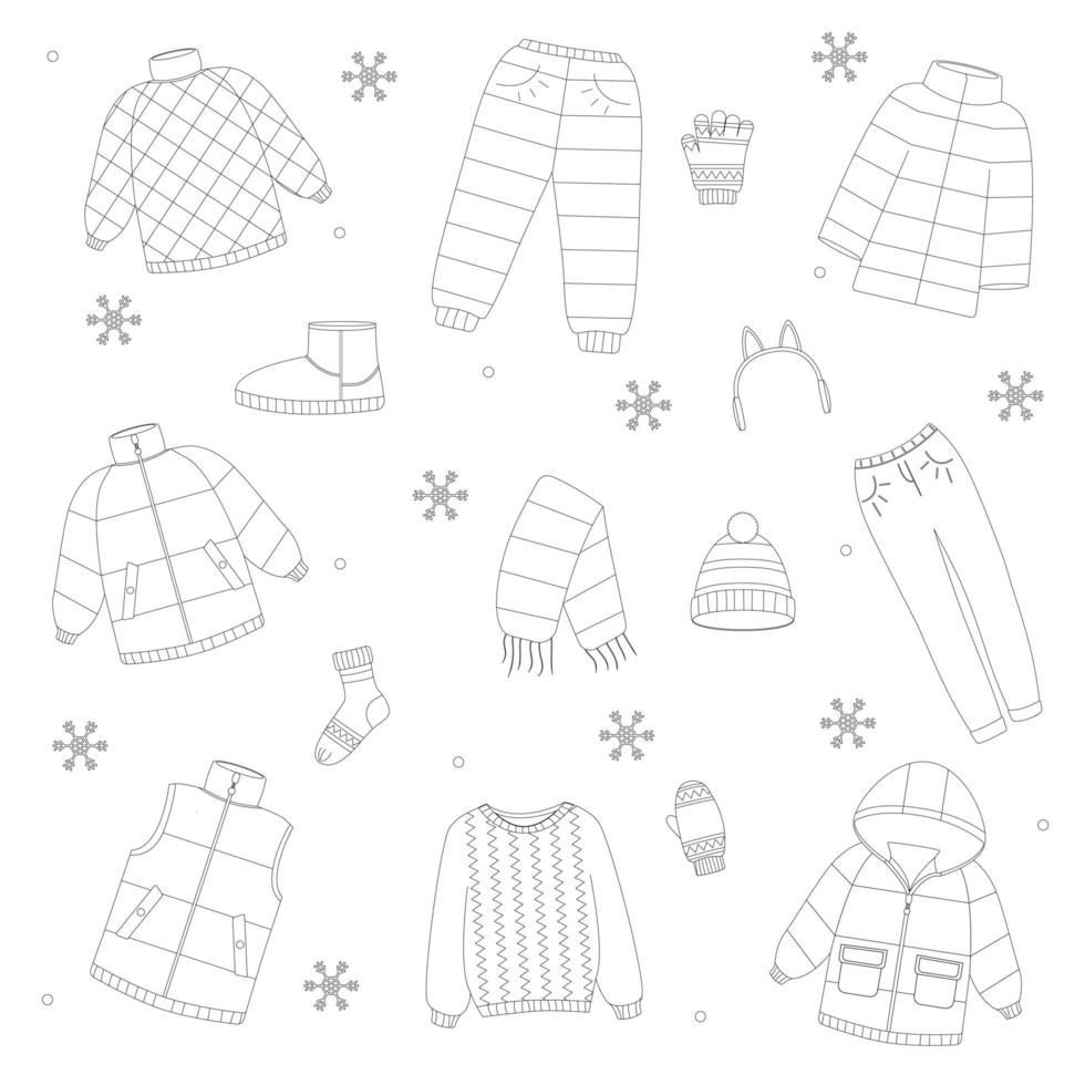 Beautiful winter clothing set, great design for any purposes. Flat vector illustration. Color book