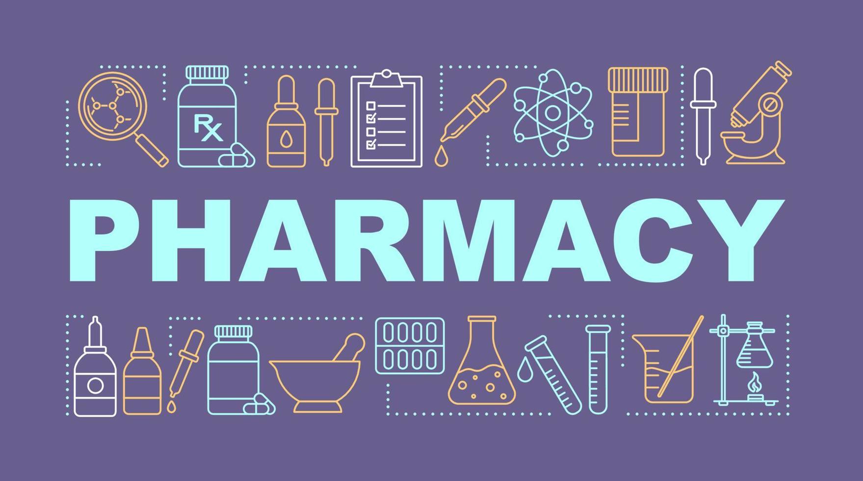Pharmacy word concepts banner. Preparation and sale of drugs. Pharmaceutical industry. Presentation, website. Isolated lettering typography idea with linear icons. Vector outline illustration