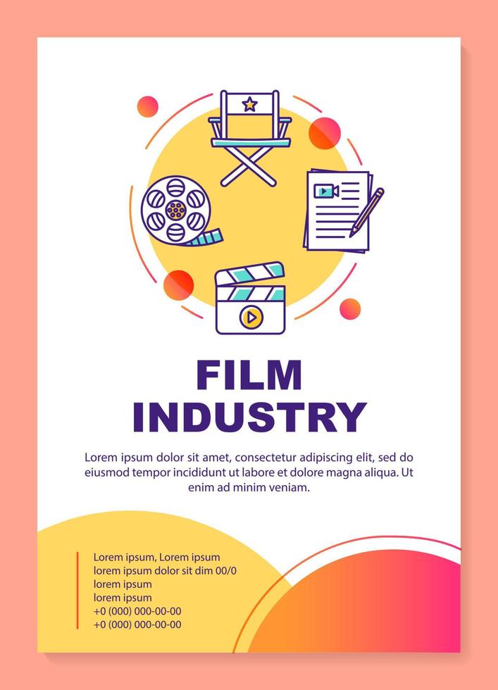 Film industry poster template layout. Cinematography, video production. Banner, booklet, leaflet print design with linear icons. Vector brochure page layouts for magazines, advertising flyers