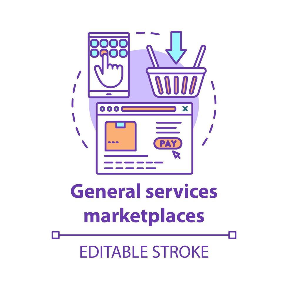 General services marketplaces concept icon. On demand economy, e commerce idea thin line illustration. Smartphone, browser window and shopping basket vector isolated outline drawing. Editable stroke