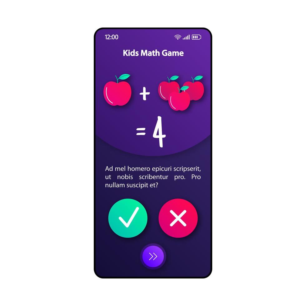 matemáticas para niños plantilla de vector de interfaz de teléfono inteligente. diseño violeta de la página de la aplicación móvil. Enseñar la pantalla del juego de aritmética. interfaz de usuario plana para la aplicación. aprendizaje de la escuela primaria además de la pantalla del teléfono