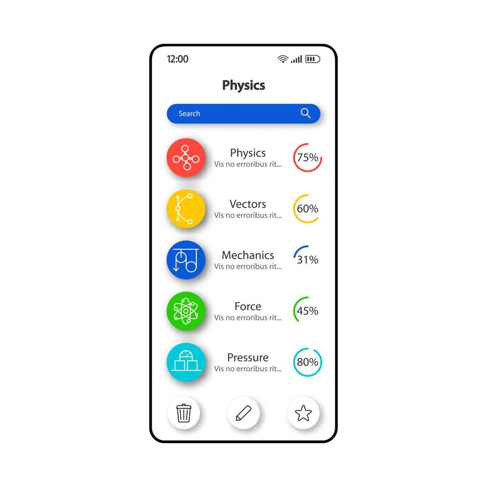 estudiando la plantilla de vector de interfaz de teléfono inteligente de física. diseño de página de aplicación móvil en blanco. pantalla de ciencias físicas. interfaz de usuario plana para la aplicación. cubriendo el progreso del material educativo la pantalla del teléfono