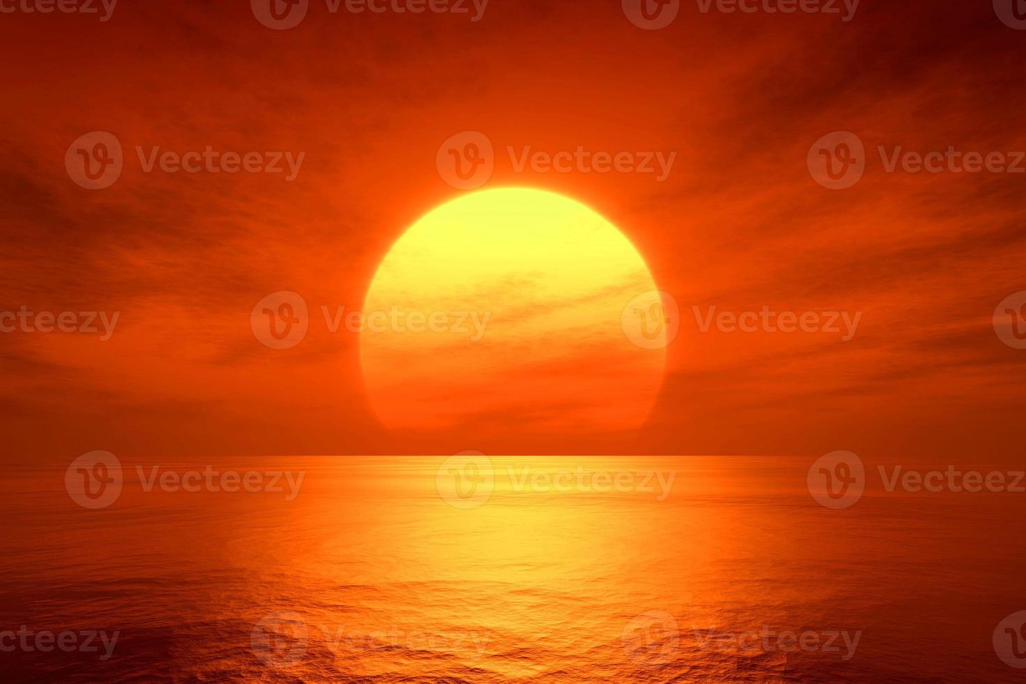 luz de la puesta de sol sol naranja mar naranja tranquilo con sol a través de la naturaleza horizonte sobre el agua con un cielo nublado. foto
