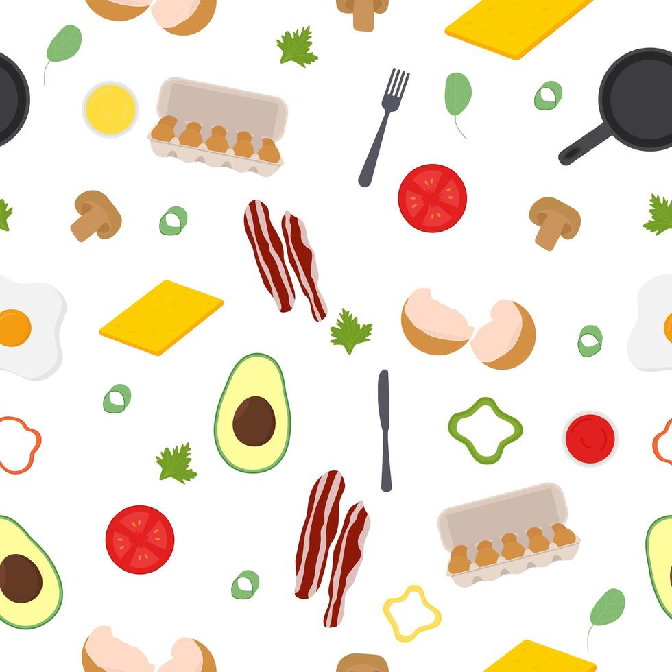 Breakfast seamless pattern. Eggs, avocado, bacon, pepper, sauce, cheese vector