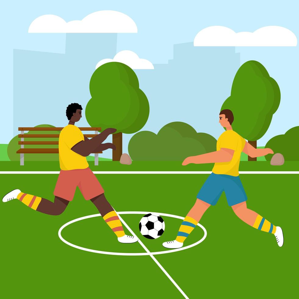 People playing soccer in the backyard. Football vector