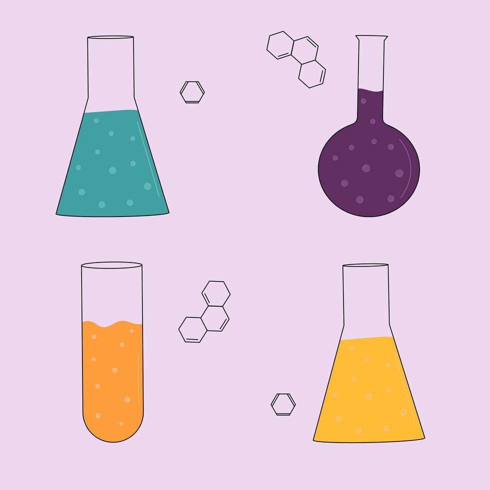 química. Matraces químicos multicolores. ilustración vectorial plana vector