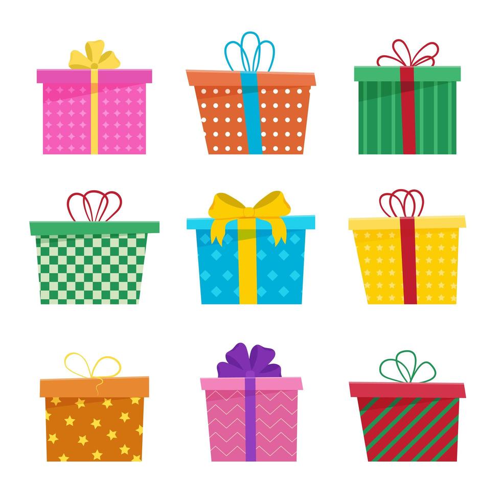 Set of Gift boxes, presents isolated on white. Collection for Birthday, Christmas. vector