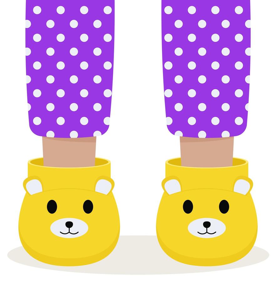 Children pajama slippers. Children feet in funny slippers. Pajama party. vector