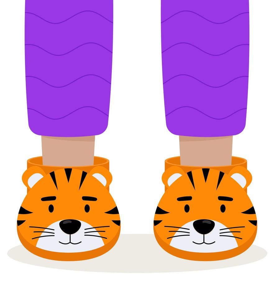 Children pajama slippers. Children feet in funny slippers. Pajama party. vector