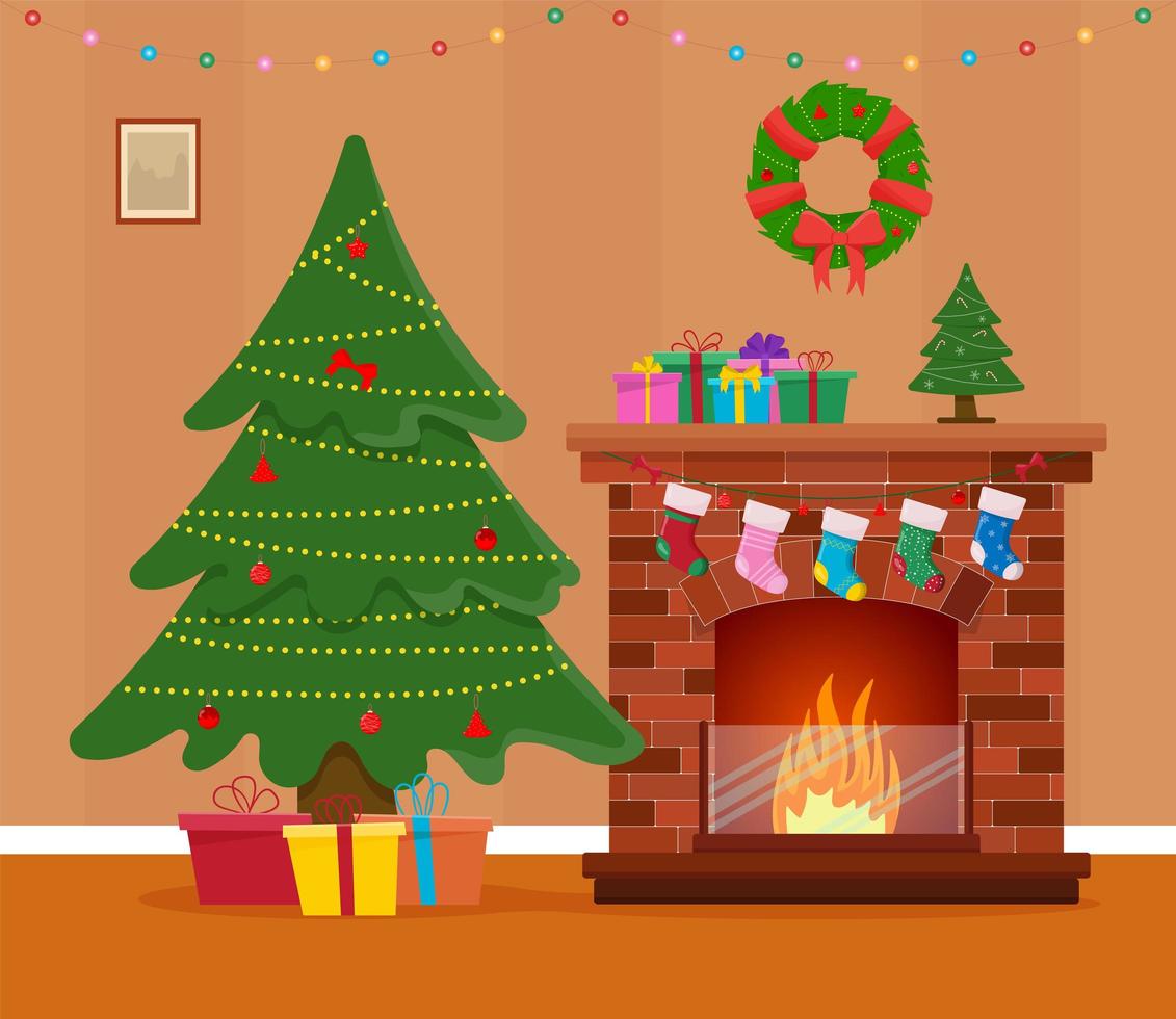 interior de la sala de navidad. árbol de navidad, regalo, chimenea y decoración. vector