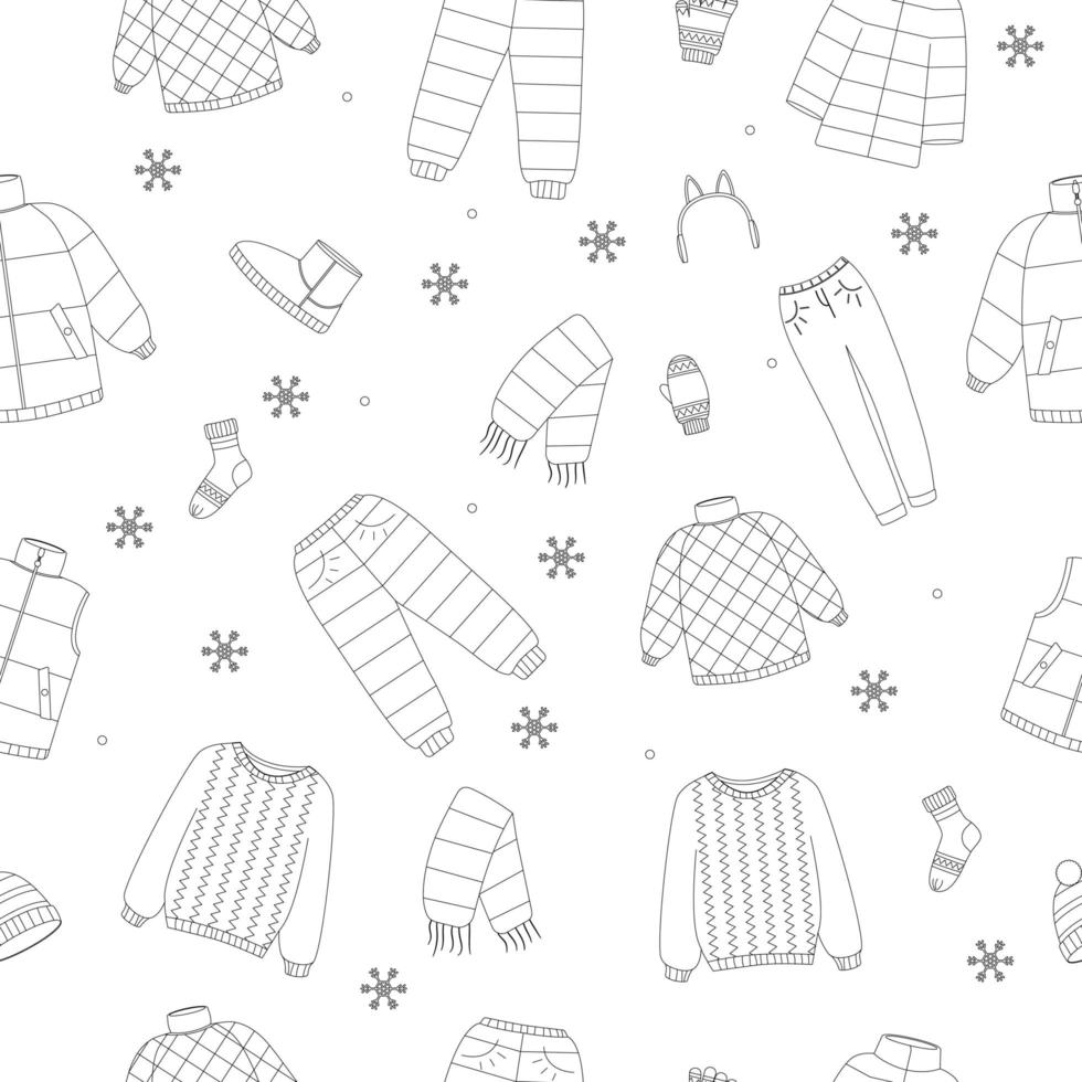Beautiful winter clothing set, great design for any purposes. Flat vector illustration. Seamless pattern. Color book