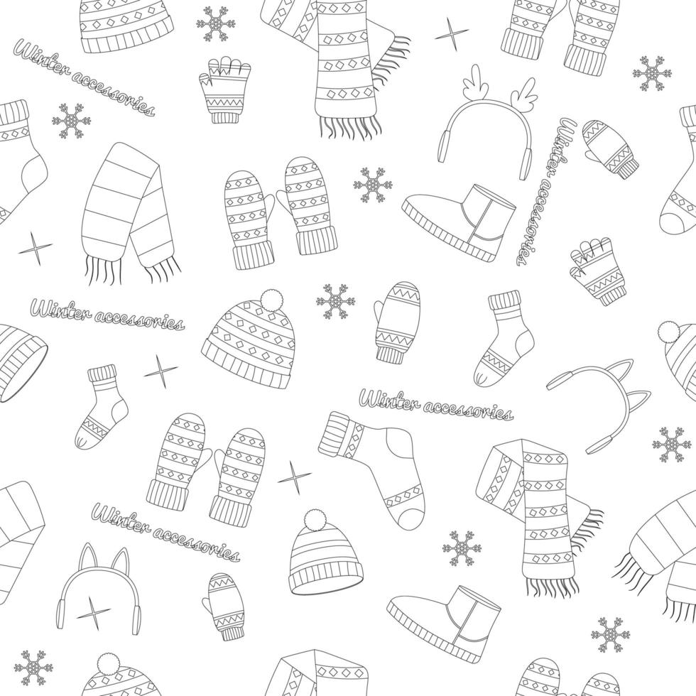 Beautiful winter clothing set, great design for any purposes. Flat vector illustration. Seamless pattern. Color book