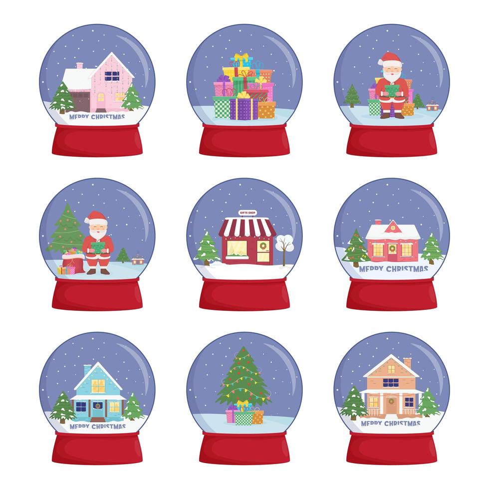 Set of snow globes with a town. Winter wonderland scenes in a snow