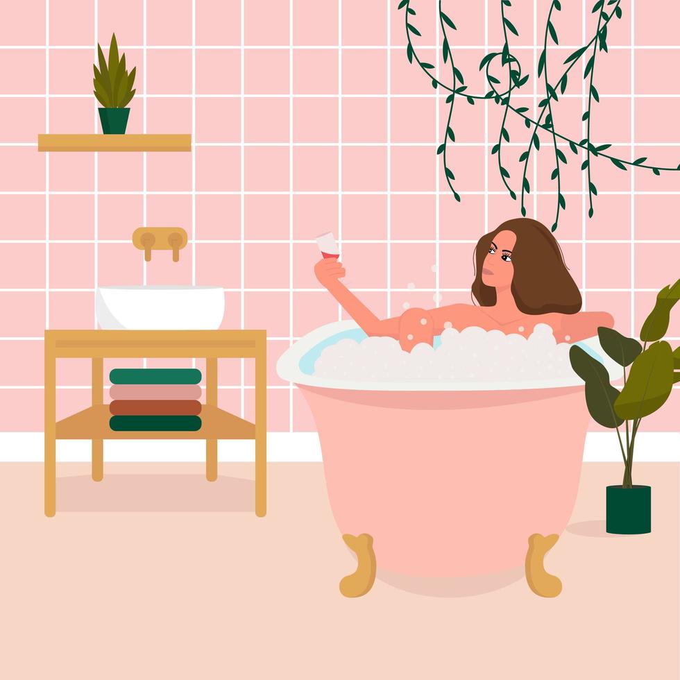 Young girl taking a bath. Bathroom Flat vector illustration