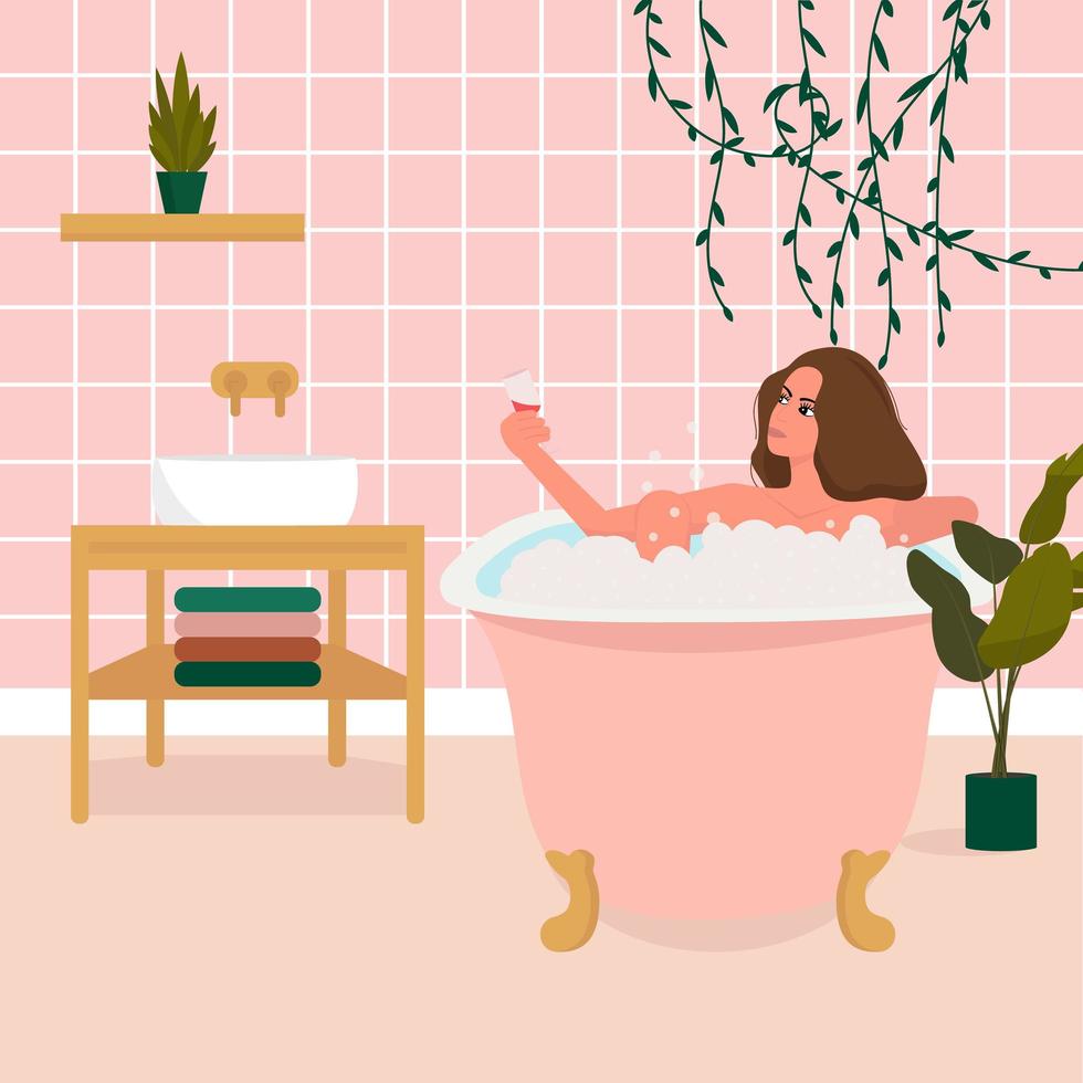 niña tomando un baño. Ilustración de vector plano de baño