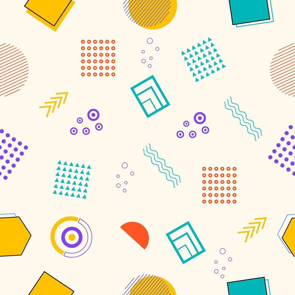 Memphis seamless pattern of geometric shapes for tissue and postcards vector