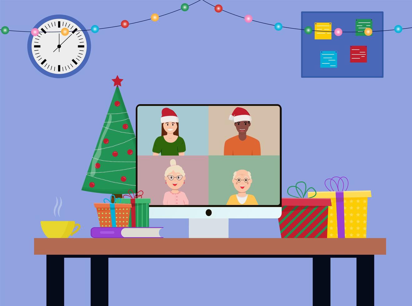 celebración online de navidad y año nuevo. fiesta en línea, videollamada. ilustración vectorial plana. vector