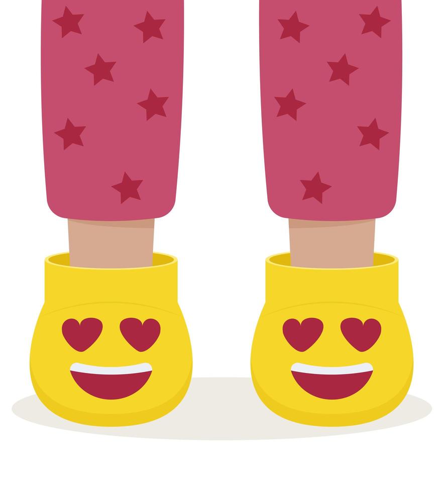 Children pajama slippers. Children feet in funny slippers. Pajama party. vector