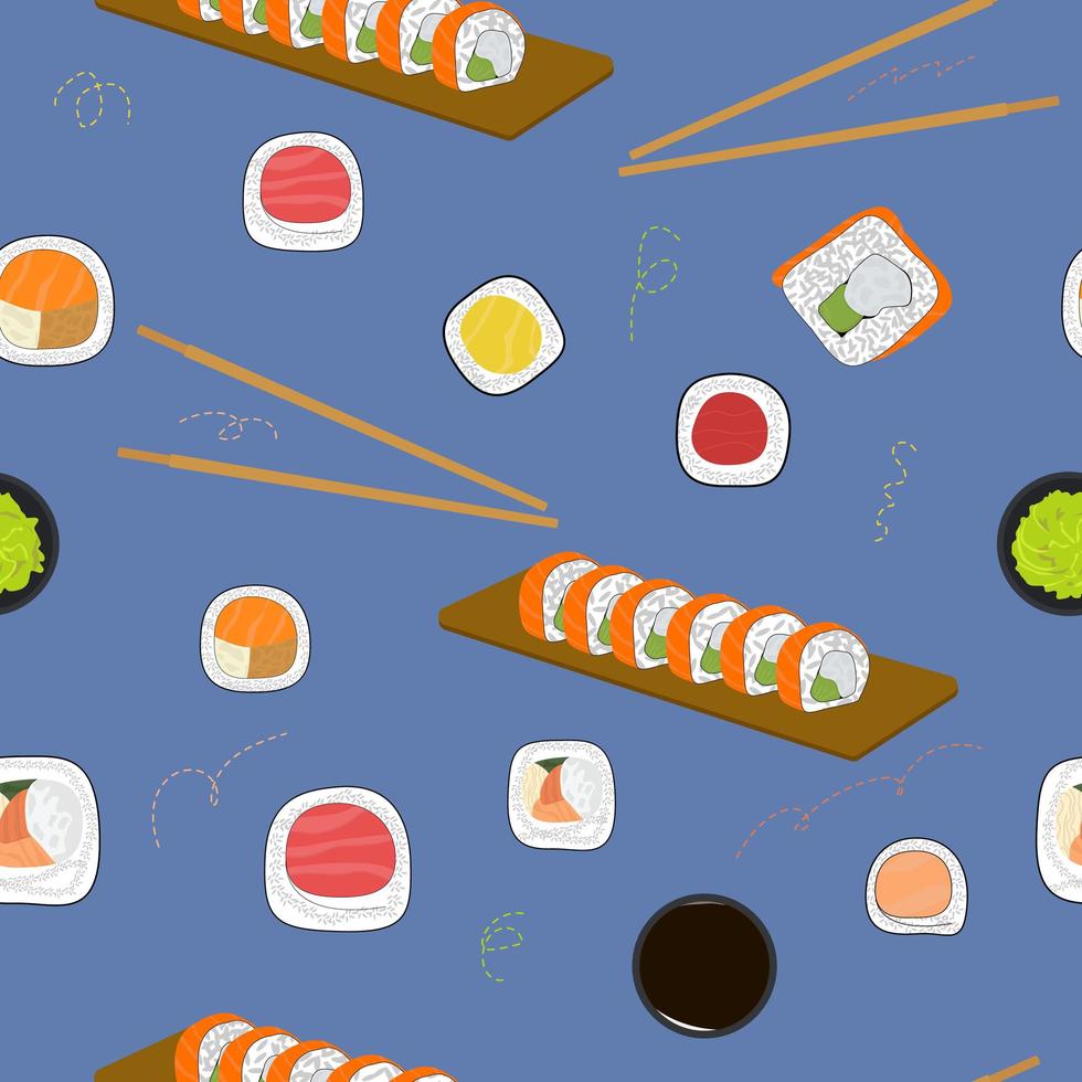 rollos de patrones sin fisuras. diferentes tipos de rollos, palillos, sushi vector