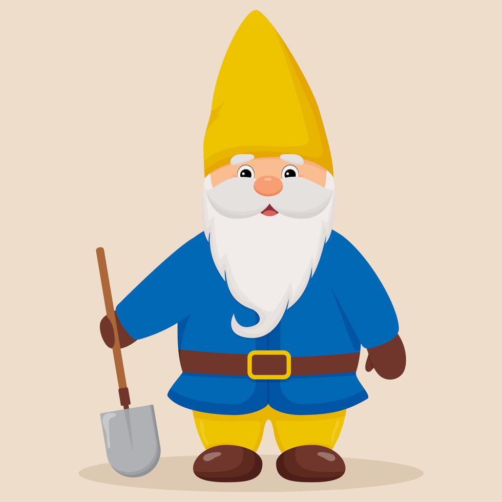 Cute garden gnome with a shovel in his hands. vector