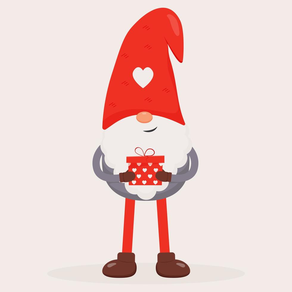 lindo gnomo de San Valentín con un regalo rojo en sus manos. ilustración vectorial plana para st. regalo de san valentín, tarjeta, impresión, decoración vector