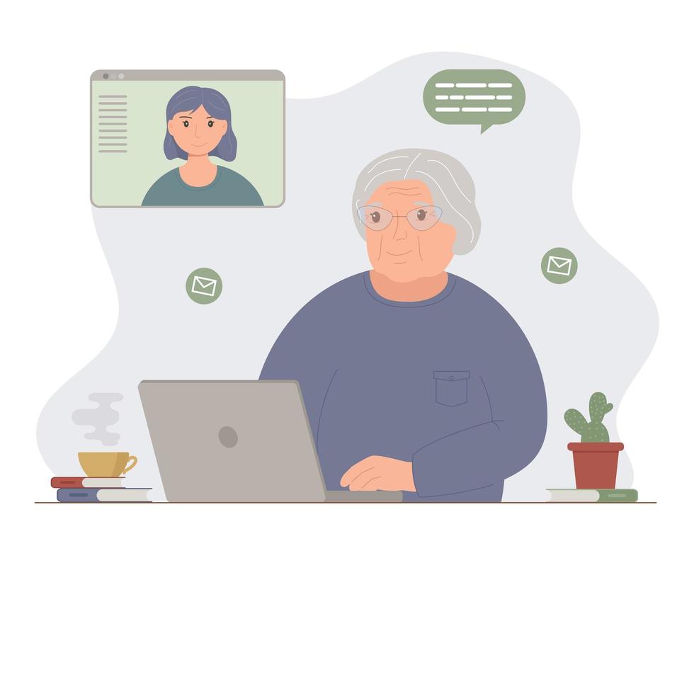 Happy grandma with laptop. Old woman using computer to communicate on the internet vector