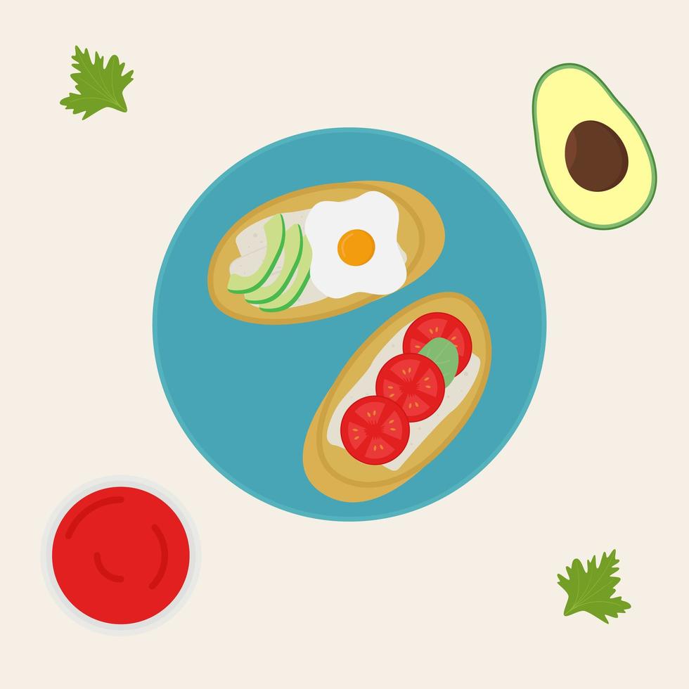 Breakfast. Toast with egg and avocado. Toast with cheese and tomatoes vector