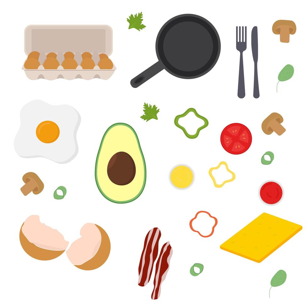 conjunto de elementos para cocinar huevos. ilustración vectorial plana vector