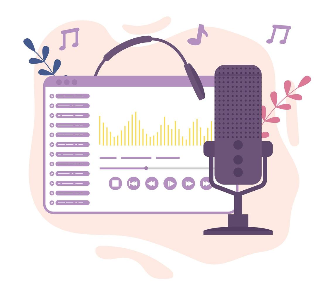 Microphone, web page, headphones. Podcast, radio. Flat vector illustration