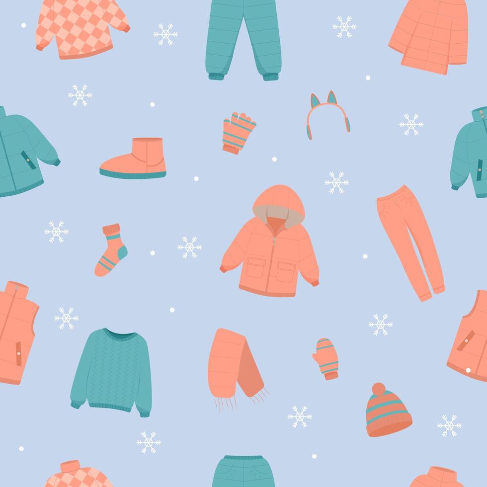 Beautiful winter clothing set, great design for any purposes. Flat vector illustration. Seamless pattern