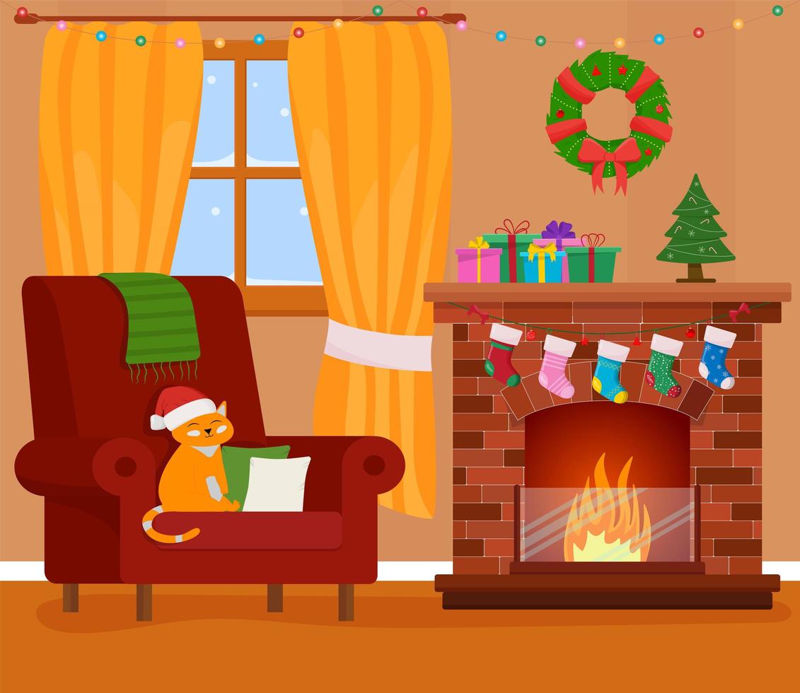 interior de la sala de navidad. árbol de navidad, regalo, chimenea y decoración. vector