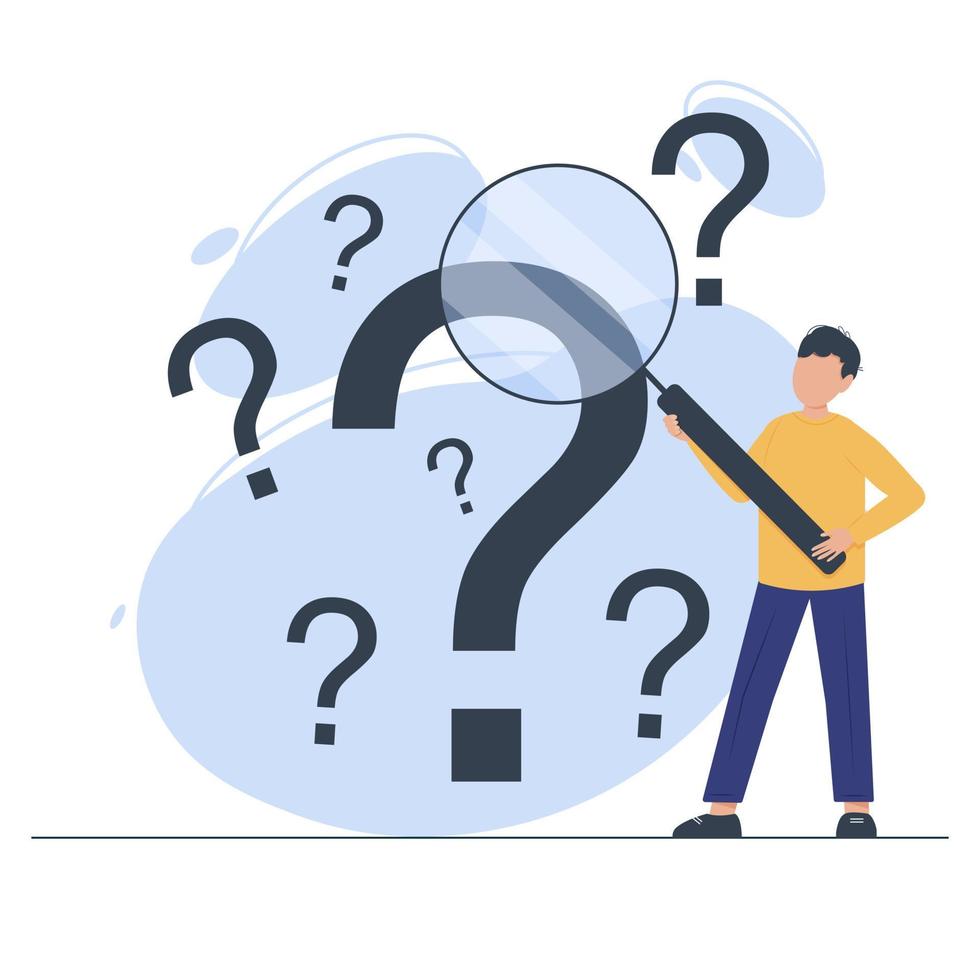 Man aims the magnifying glass at the question marks floating in the air. Problem analysis, research, find solution or answers on frequently asked questions. Vector illustration in flat style.