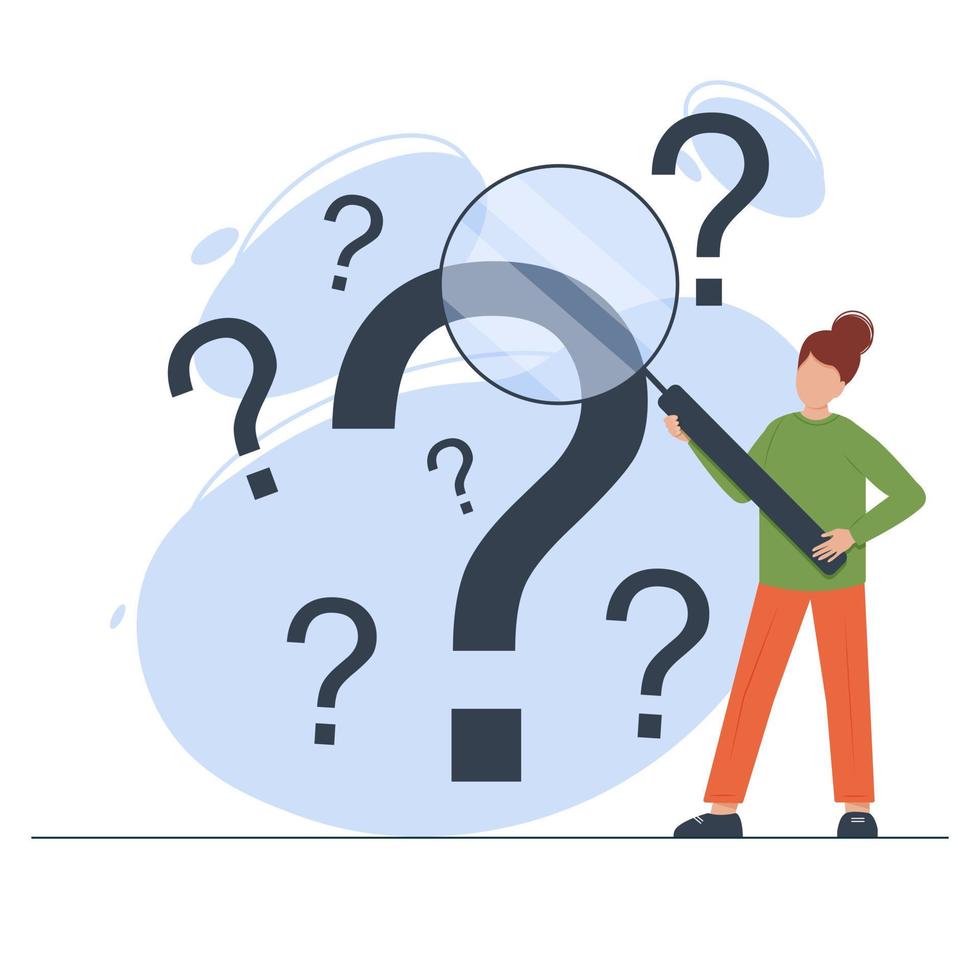 Woman holds magnifying glass and looks through it at interrogation points floating around. Business solution, problem solving and FAQ concept. Flat vector illustration.