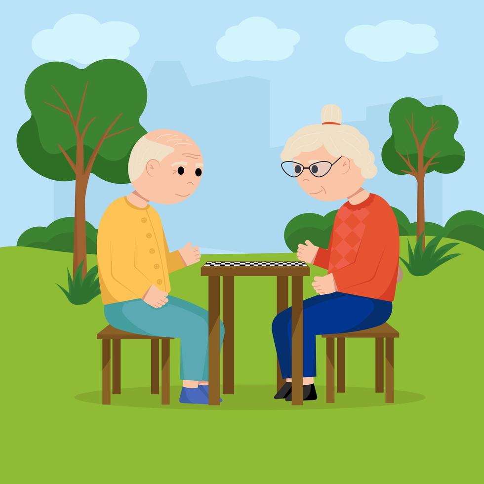 abuelos jugando a las damas en el parque. personas de edad avanzada. ilustración vectorial plana vector