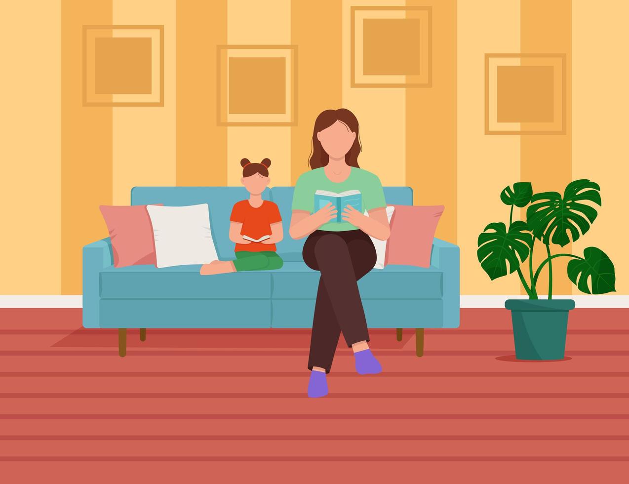 Mom reads a book to a child. Flat vector illustration