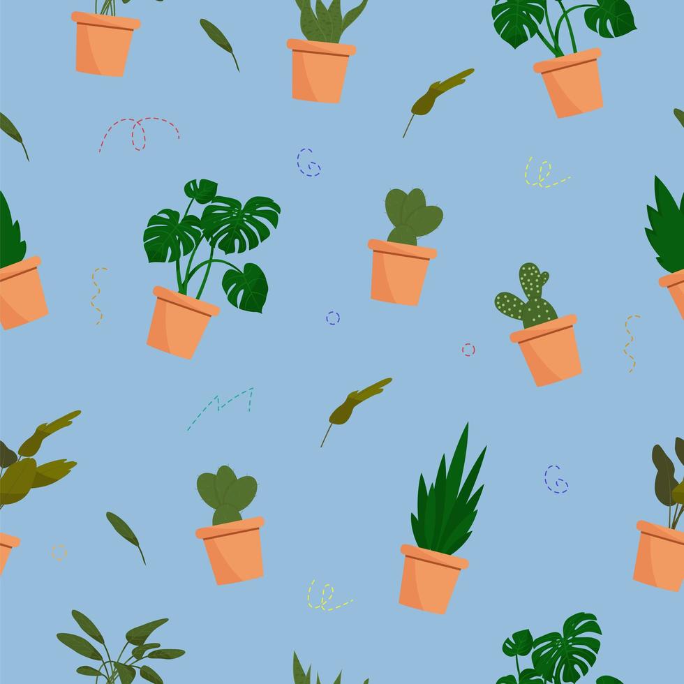 Flowers in pots seamless pattern. Blue background vector