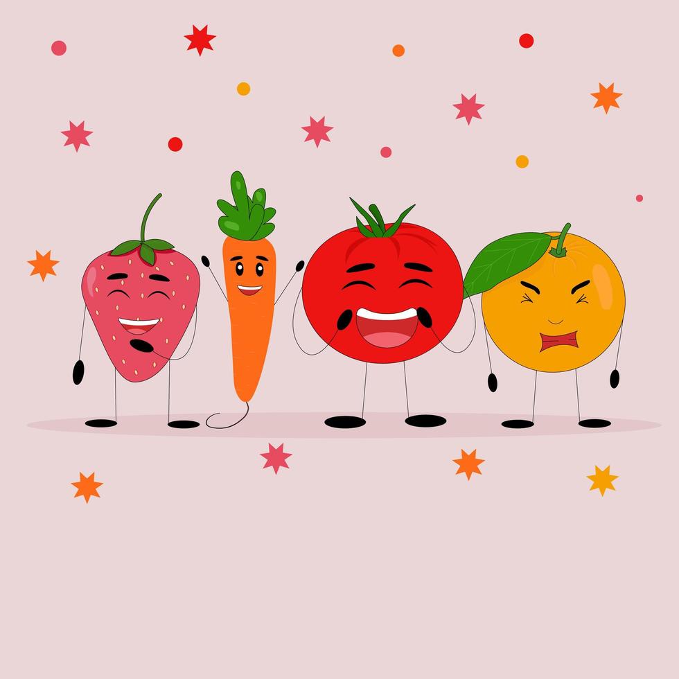 Funny carrot, tomato, strawberry and orange. Vegetable day vector