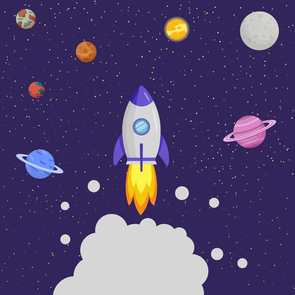 The rocket flies to the moon. Solar system, space. vector