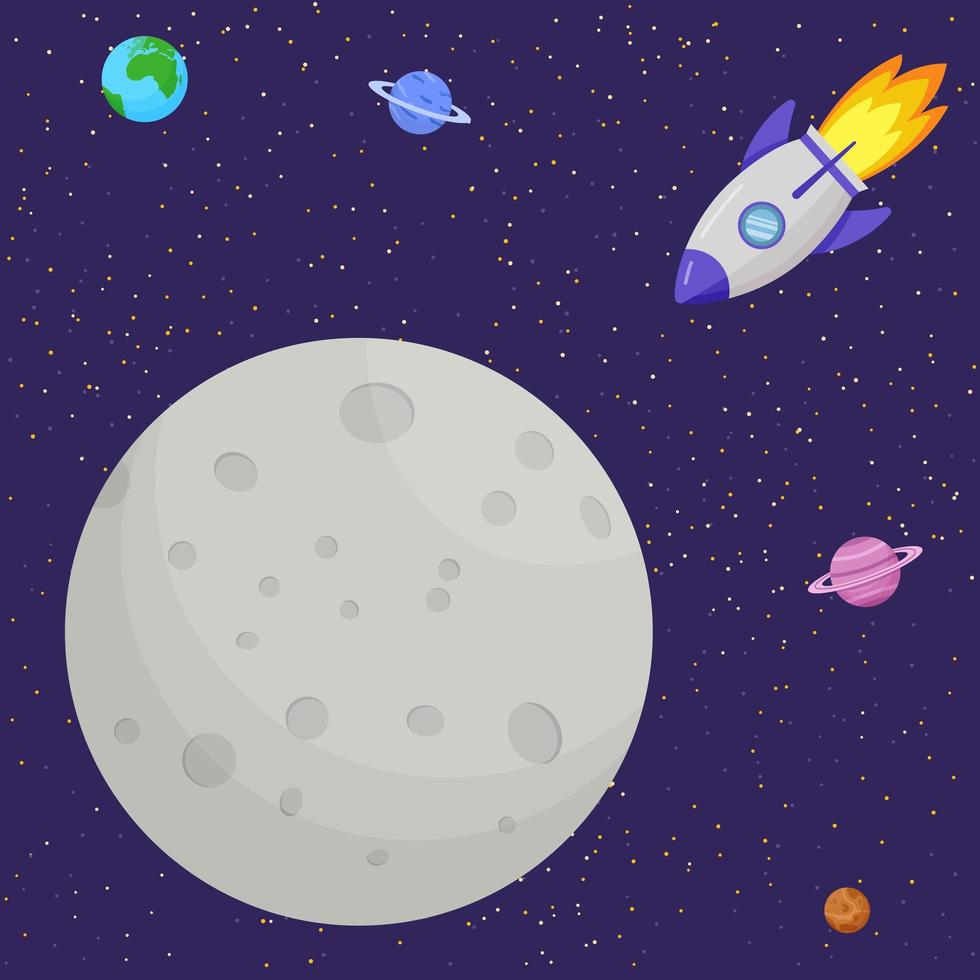 The rocket flies to the moon. Solar system, space. vector