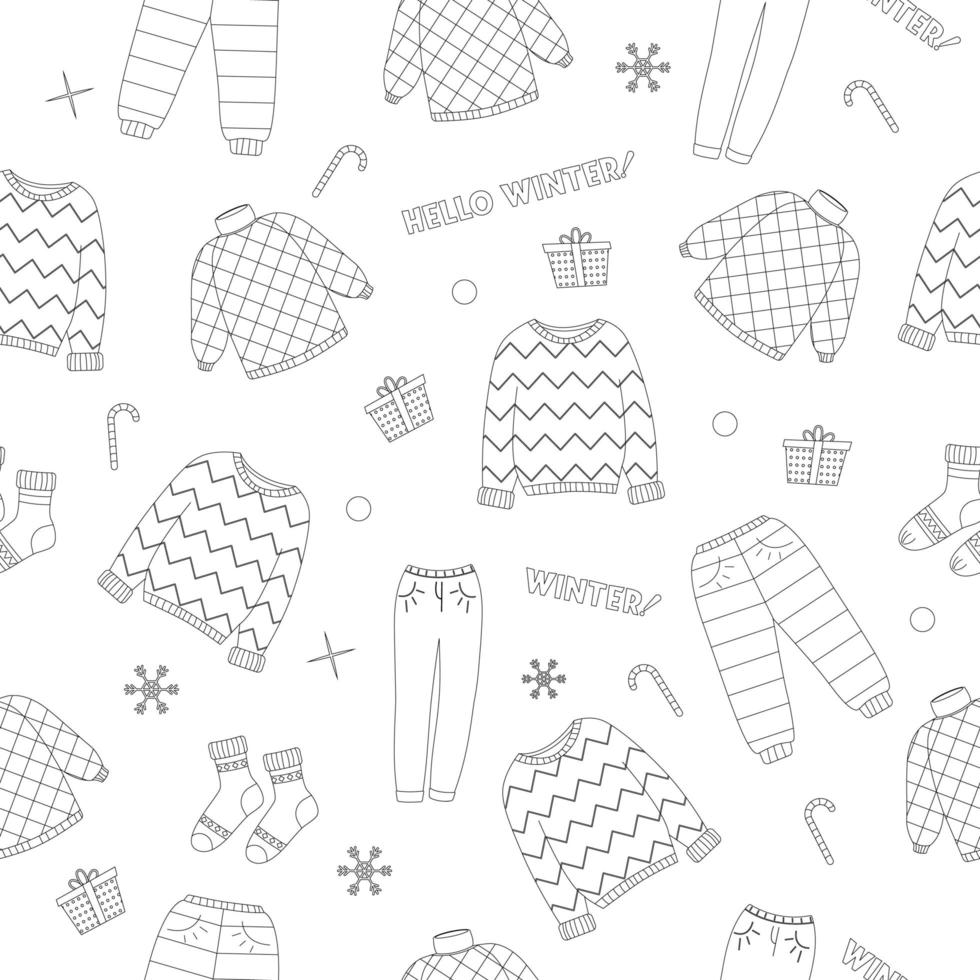 Hermoso conjunto de ropa de invierno, gran diseño para cualquier propósito. ilustración vectorial plana. patrón sin costuras. libro de colores vector
