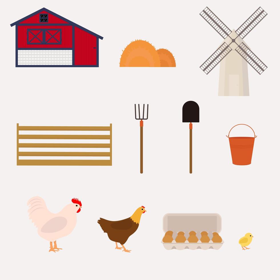 Set of farm-themed elements. Flat vector illustration