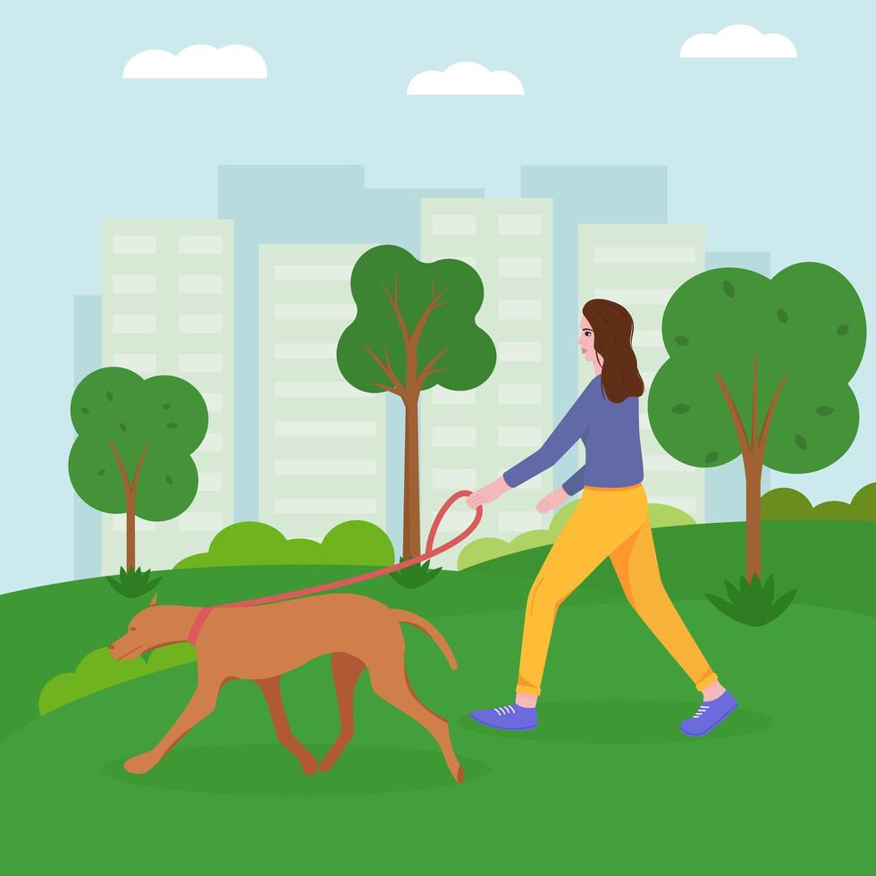 Young girl walking the dog in the park. Flat vector illustration