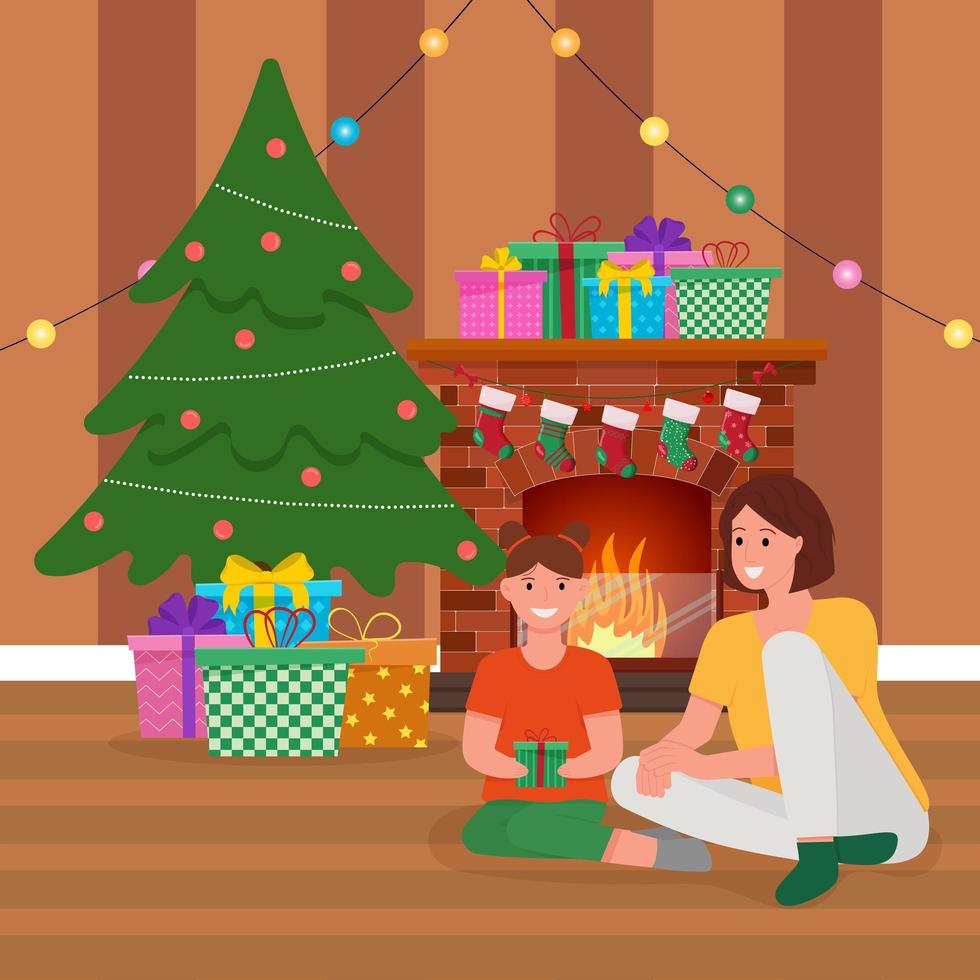 Happy mother and her daughter sitting next to Christmas tree. Cozy Christmas interior. Presents under the tree. vector