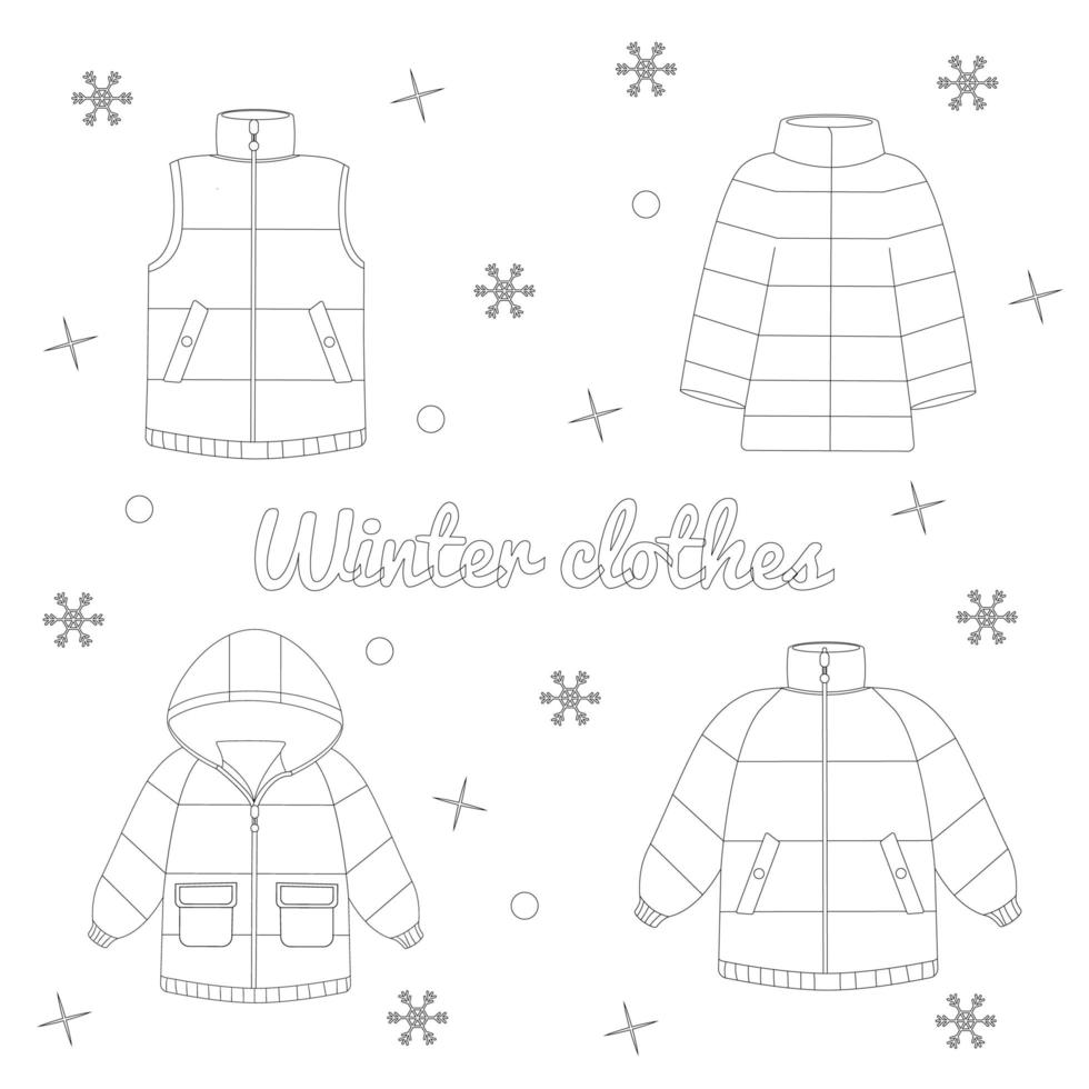 Set of winter jackets. Warm jacket. Winter clothing. Color book vector