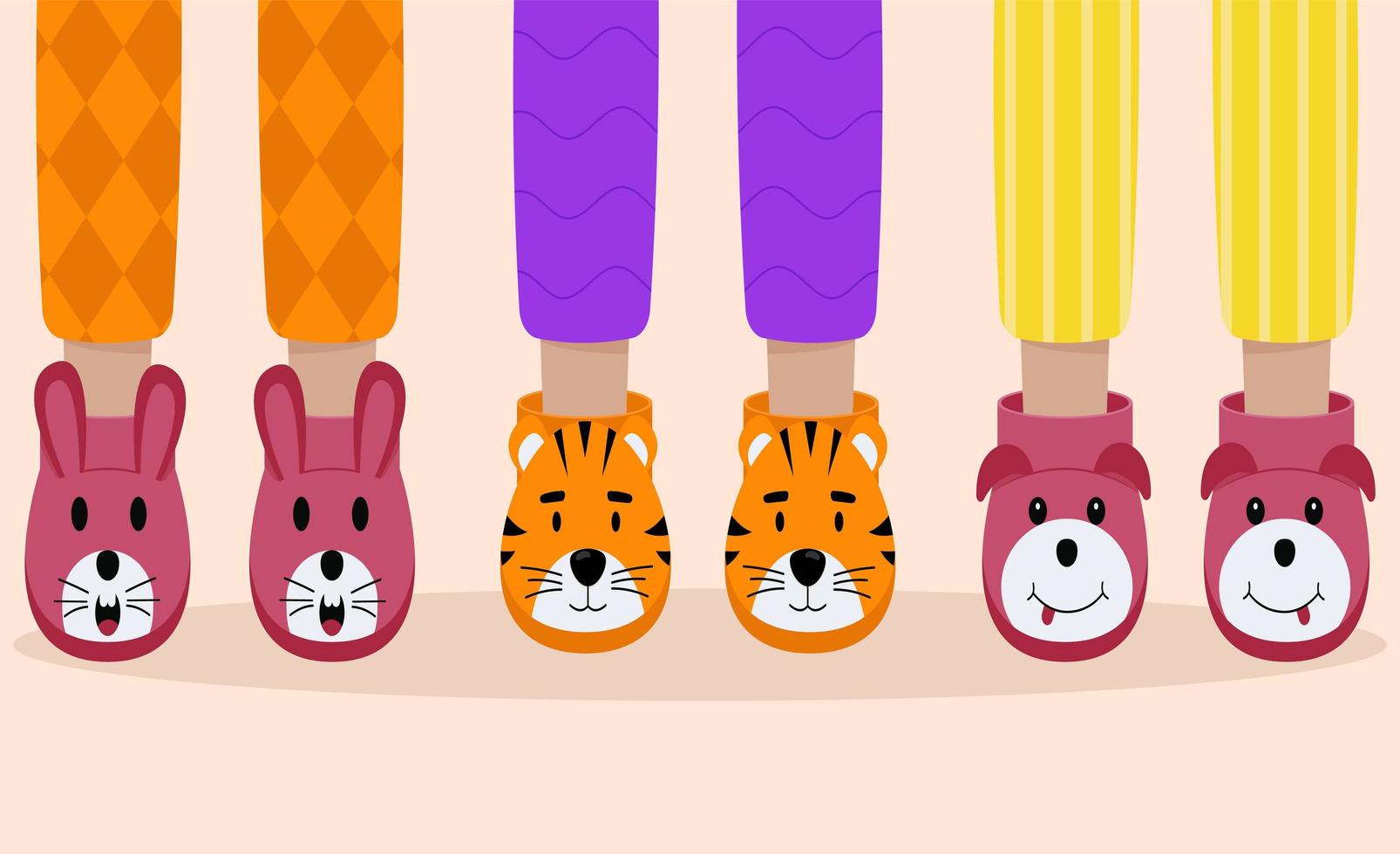 Set of children pajama slippers. Children feet in funny slippers. Pajama party. vector