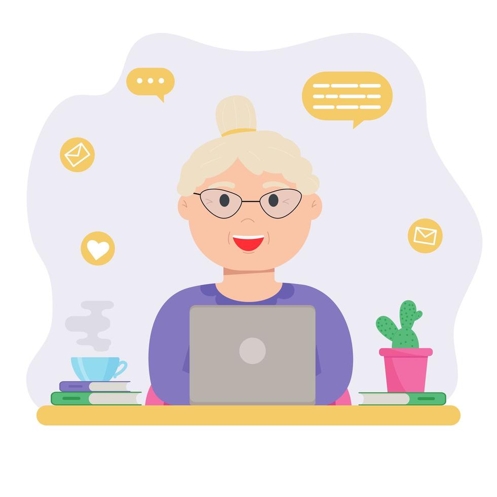 Happy grandma with laptop. Old woman using computer to communicate on the internet vector